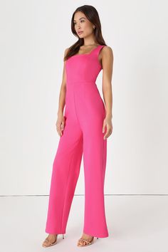 We know a classic stunner when we see one, and the Lulus Baby, You're The One Hot Pink Sleeveless Jumpsuit is our new cocktail hour go-to! Soft, medium-weight stretch knit shapes a seamed, sleeveless bodice with a straight neckline and tank straps, with wide legs that fall to ankle-length hems. Hidden back zipper. Fit: This garment fits true to size. Length: Floor length. Size medium measures 58" from shoulder to hem. Inseam: 13.00 Front Rise: 13.00 Bust: Great for any cup size. Waist: Fitted - Hot Pink Jumpsuit Outfit, Pink Jumpsuits Outfit, Athletic Banquet, Pink Dungarees, Pink Wide Leg Jumpsuit, Hot Pink Jumpsuits, You're The One, Lulu Fashion, Pink Jumpsuit