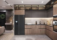 a modern kitchen with wooden cabinets and black appliances