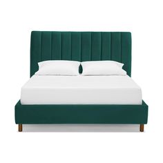 a bed with white pillows and green headboard on top of it, against a white background