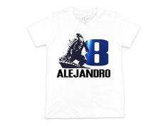 a white t - shirt with the number 8 on it and an image of a man riding