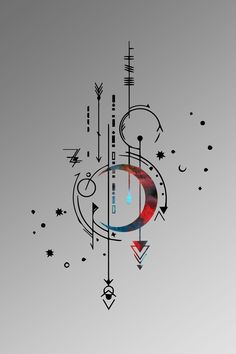 an abstract graphic design with arrows, circles and stars on a gray background that includes the letter c