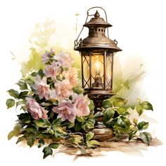 a painting of a lantern and flowers