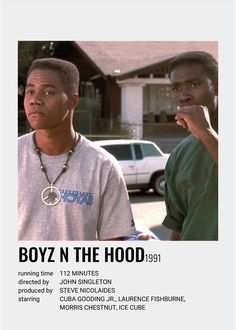 two men standing next to each other in front of a white car with the words boyz n the hood on it
