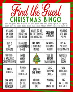 a christmas game with words that read find the guest christmas bingo and then print it out