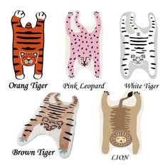 four baby bibs with different designs and names on them, including tiger, lion, pink leopard, white tiger
