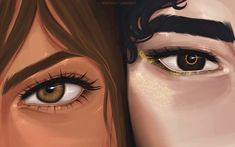 two women's eyes with long lashes and brown hair are shown in this digital painting