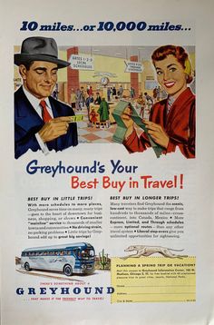 an advertisement for greyhound's best buy in travel, featuring two men and a woman