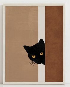 a black cat peeking out from behind a brown and white striped wall with yellow eyes