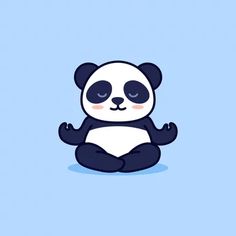 a panda bear sitting on the ground with its eyes closed and it's legs crossed
