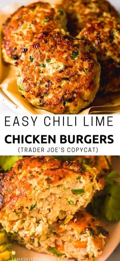 crab cakes with text overlay that reads easy chili lime chicken burgers trader joe's copycat