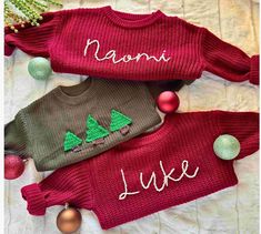 "Hand-Embroidered Baby Christmas Sweater - 🎄Celebrate the joy of the holiday ❄️season❄️ with our adorable hand-embroidered            - ❄️Christmas sweaters for babies and toddlers! Each sweater is lovingly crafted with intricate embroidery, making them the perfect festive attire for your little one. Features     * Soft and cozy cotton 🧸     * Delicate hand embroidery with name, Chrismtas sayings, and more ❄️🎁     * Available in sizes 0-3mos, 3-6 mos, 6-9 mos, 9-12mos, 12-18mos, 18-24mos, 2-3T, 3-4T, 4-5T      Customization: 🎁Personalize your sweater with a custom name or monogram for an extra special touch! Just let us know your preferences in the \"personalization\" section along with yarn color. 🎅🏼Please select which \"design\" you would like. for a name/word plus appliqué please Baby Jumpers, Baby Christmas Sweater, Unique Baby Gift, Toddler Sweater, Baby Christmas, Unique Baby Gifts, Toddler Christmas, Gender Neutral Baby Clothes, Unique Baby