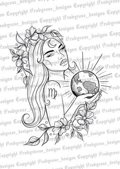 a drawing of a girl holding the earth in her hands with flowers around her neck