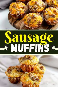 sausage muffins on a wooden board with the title above it in yellow and black