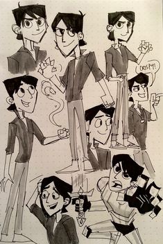 an image of some cartoon characters in black and white pencils, with one man pointing at the camera