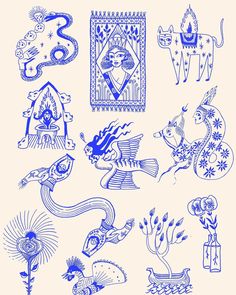 blue ink drawings on white paper depicting animals and people in the style of art period