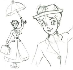 a drawing of a woman holding an umbrella next to another woman in a dress and hat