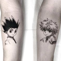 two black and white tattoos on the legs of people with short hair, one has an anime character