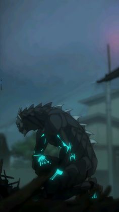 an animated image of a monster with glowing eyes and claws on it's back