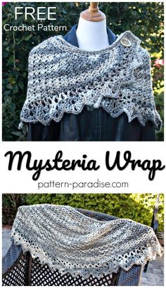 a crocheted shawl is shown with the text, mysteria wrap