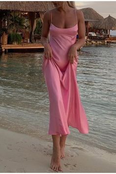 Pink Cami Dress, Jaket Denim, Tas Mini, Long Dresses Elegant, Backless Dress Summer, Vintage Slip Dress, Pink Long Dress, Sleeveless Skirt