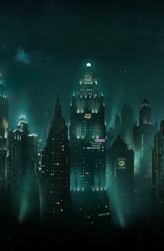 the city is lit up at night with bright lights and fog in the sky above it