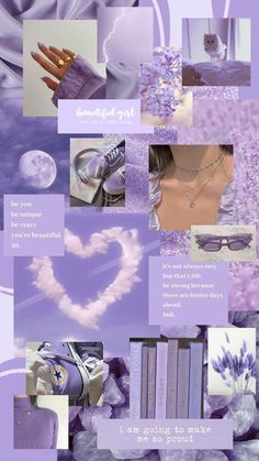a collage of purple and white images