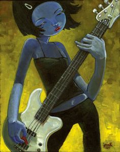 a painting of a woman holding a bass guitar