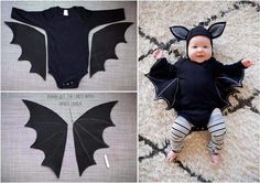 a baby wearing a bat costume laying on top of a white rug next to another photo