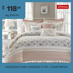 The Madison Park Vanessa 9 Piece Cotton Percale Comforter Set offers a shabby chic update to your bedroom decor. A paisley print is featured on the cotton comforter with pintucked fabric separated by lace taping embellishments. Around the edge, a ruched flange adds a graceful touch, for a charming cottage look. Matching shams mirror the design of the comforter, while 2 solid Euro shams complement the top of the bed. The 3 decorative pillows and a solid bedskirt complete this farmhouse comforter… Farmhouse Comforter, California King Bedding Sets, King Bedding, Charming Cottage, Cotton Comforters, The Madison, King Bedding Sets, Queen Bedding Sets, Madison Park