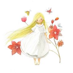 a watercolor painting of a girl with long blonde hair and flowers in her hand