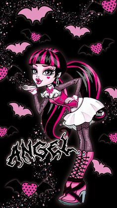 a cartoon girl with pink hair and black eyes, in front of bats on a black background
