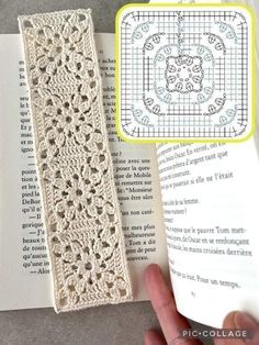 an open book with a crochet pattern on it and a hand holding the cover