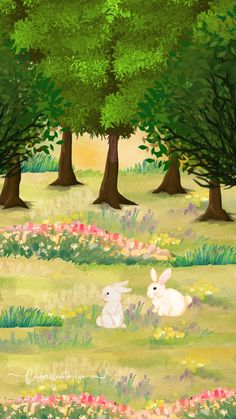 a painting of two rabbits sitting in the grass near trees and flowers, with one rabbit looking at another bunny