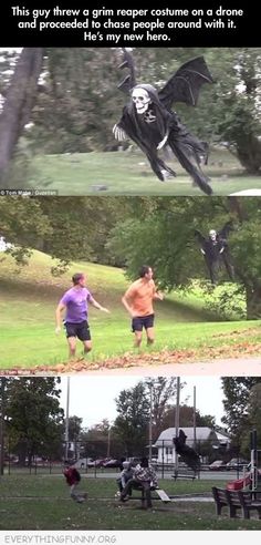 four different pictures of people playing frisbee in the park, one with a skeleton on it's back