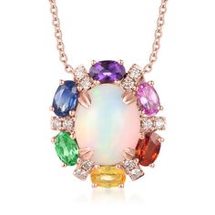 LeVian - Le Vian "Creme Brulee" Neopolitan Opal Pendant Necklace, 1.10ct t. w. Multi-Gemstones, .17ct t. w. Nude Diamonds in 14kt Strawberry Gold. 18". With a rich history dating back to the 15th century, Le Vian jewelry is well known for its decadent designs and innovative use of color. This vibrant "Creme Brulee" pendant necklace presents a dreamy 11x9mm oval opal cabochon encircled by a rainbow of oval gems, including 1.10 ct. tot. gem wt. orange garnet, amethyst, tsavorite and pink, yellow a Le Vian Jewelry, Levian Jewelry, Opal Pendant Necklace, Le Vian, Colored Gems, Creme Brulee, Champagne Diamond, Yellow Sapphire, Opal Pendants