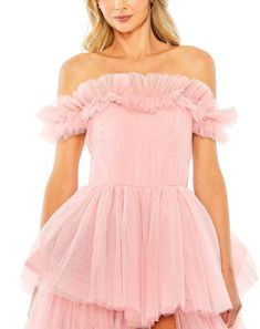 Mac Duggal Tulle Fabric (100% polyester) Fully lined Off the shoulder neckline Sleeveless Tiered high-low ruffle skirt Back zipper Approx. 62.5" from top of shoulder to bottom hem Available in Mint and Pink (Final Sale) Style #20570 pairs with Style #20586 Layered Prom Dress, Semi Formal Dresses Long, Prom Event, Vestidos Color Coral, Junior Formal Dresses, Designer Formal Dresses, Colorful Dresses Formal, Tulle Material, Plastic Dress