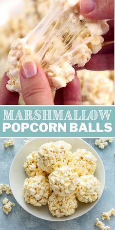marshmallow popcorn balls in a white bowl on a blue background with text overlay