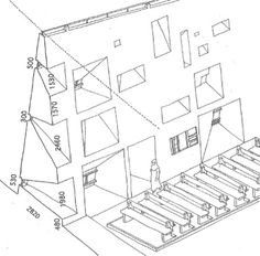 an architectural drawing of a house with stairs and windows