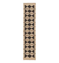 a black and white rug with geometric designs on the bottom, in front of a white background
