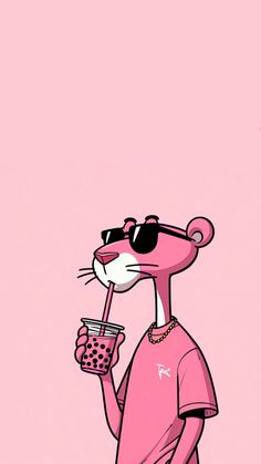 a pink cartoon character holding a drink in her right hand and wearing sunglasses on her left