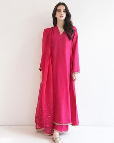 Name - Sadie Pishwas This beautiful three piece is designed on fuchsia pure raw silk 60 gms with intricate detailed gold hand/ada work in… | Instagram Three Pieces Dress For Women, Indian Formal Wear, Salwar Suit Neck Designs, Suit Neck, Women Trousers Design, Nikah Outfit, Pakistani Party Wear Dresses, Trousers Design