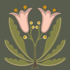 two pink flowers with green leaves and yellow centers on a gray background, in the center is an illustration of three white flowers