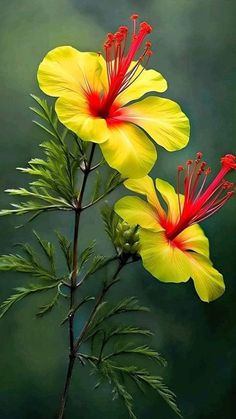 two yellow and red flowers with green leaves