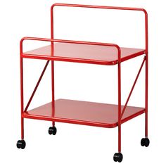 a red cart with two shelves on wheels