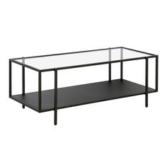 a glass and metal coffee table with shelves on the bottom, against a white background