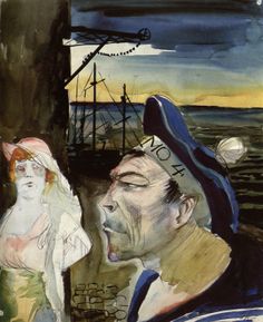 a painting of a man and woman in front of an ocean