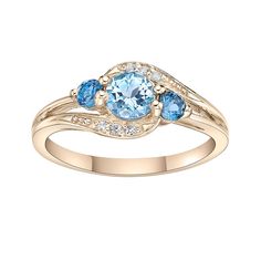 Add a touch of color to your elegant style with this blue, London blue and white topaz ring. Add a touch of color to your elegant style with this blue, London blue and white topaz ring.  Nickel free Metal: sterling silver Packaging: boxed Plating: 14k gold Width: 9 mm Finish: polishedSTONE DETAILS Stone type: blue topaz, London blue topaz, white topaz Total weight: 1 ct. Center stone weight: 1/2 ct. Center stone size: 5 mm x 5 mm Shape: round Setting: prong Gemstones may have been treated to enh Cute Promise Rings, Wedding Room, White Topaz Rings, London Blue Topaz, Blue Topaz Ring, London Blue, Topaz Ring, Silver Blue, White Topaz