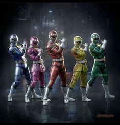 five different colored power rangers standing next to each other in front of a black background