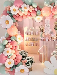 an image of a birthday party setting with balloons and flowers on the wall in front of it