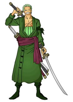 an anime character with two swords in his hand and wearing a green outfit, standing next to